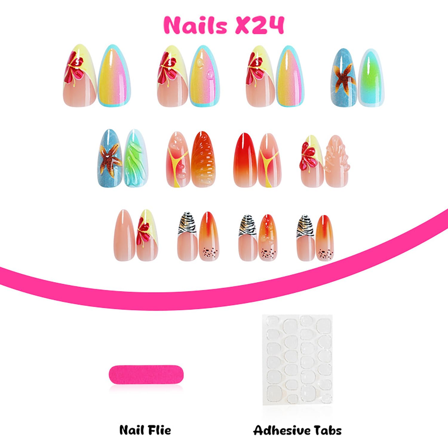 TBRZTR Press on Nails Long Length Almond Gradient False Nails 3D Flower Starfish Design Full Cover Coffin Nails Artificial Stick on Nails French Acrylic Nails DIY Glue on Nails for Women Manicure Kit - Image 3