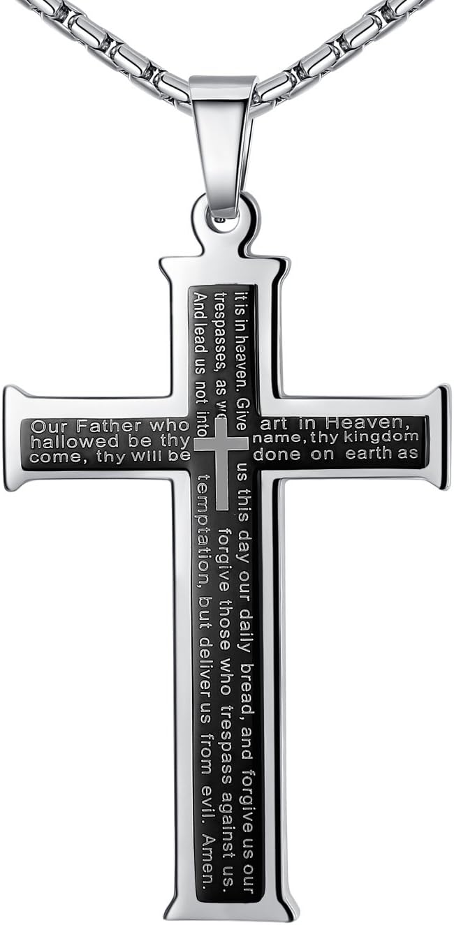 Aoiy Men's Stainless Steel Bible Lord's Prayer in English Scripture Cross Large Pendant Necklace, Black Color, 58cm Chain, ddp022he