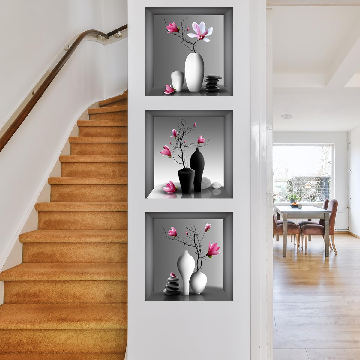 HGDESIGN® Wall Sticker 3D Vase Green Plants Magnolia Wall Sticker Living Room Bedroom Wall Decoration (B)