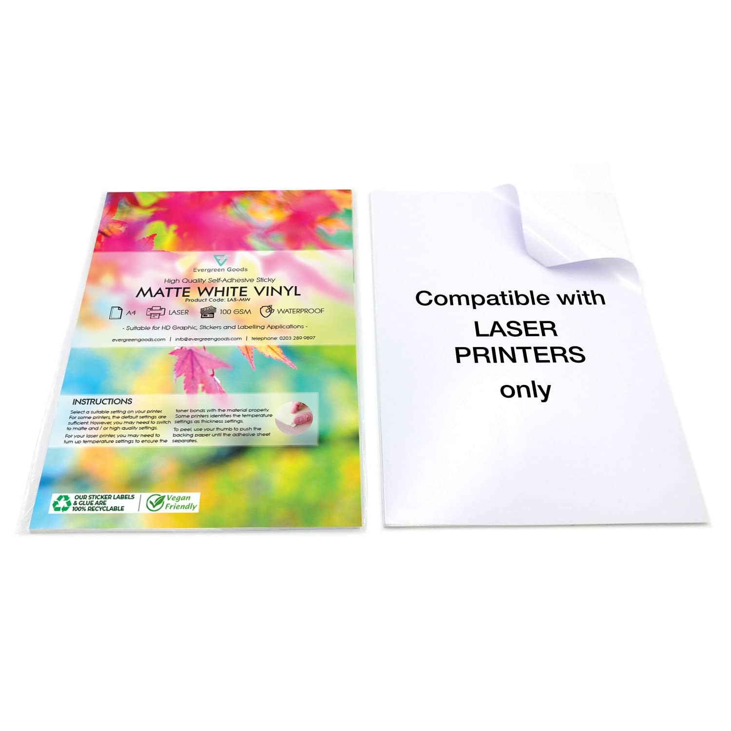 Evergreen Goods A4 10 White Sheets | Self-Adhesive Matte Vinyl Paper Sticky Sheets | Laser Printer Compatible | Waterproof & Easy to Peel | Perfect for DIY, Office & Home Use