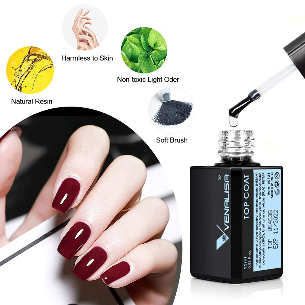 VENALISA 15ML No Wipe Tempered Top Coat - Scratch Resistant High Gloss Soak Off Gel Nail Polish Finish Long Lasting Set Gel Nail Kit - Image 6