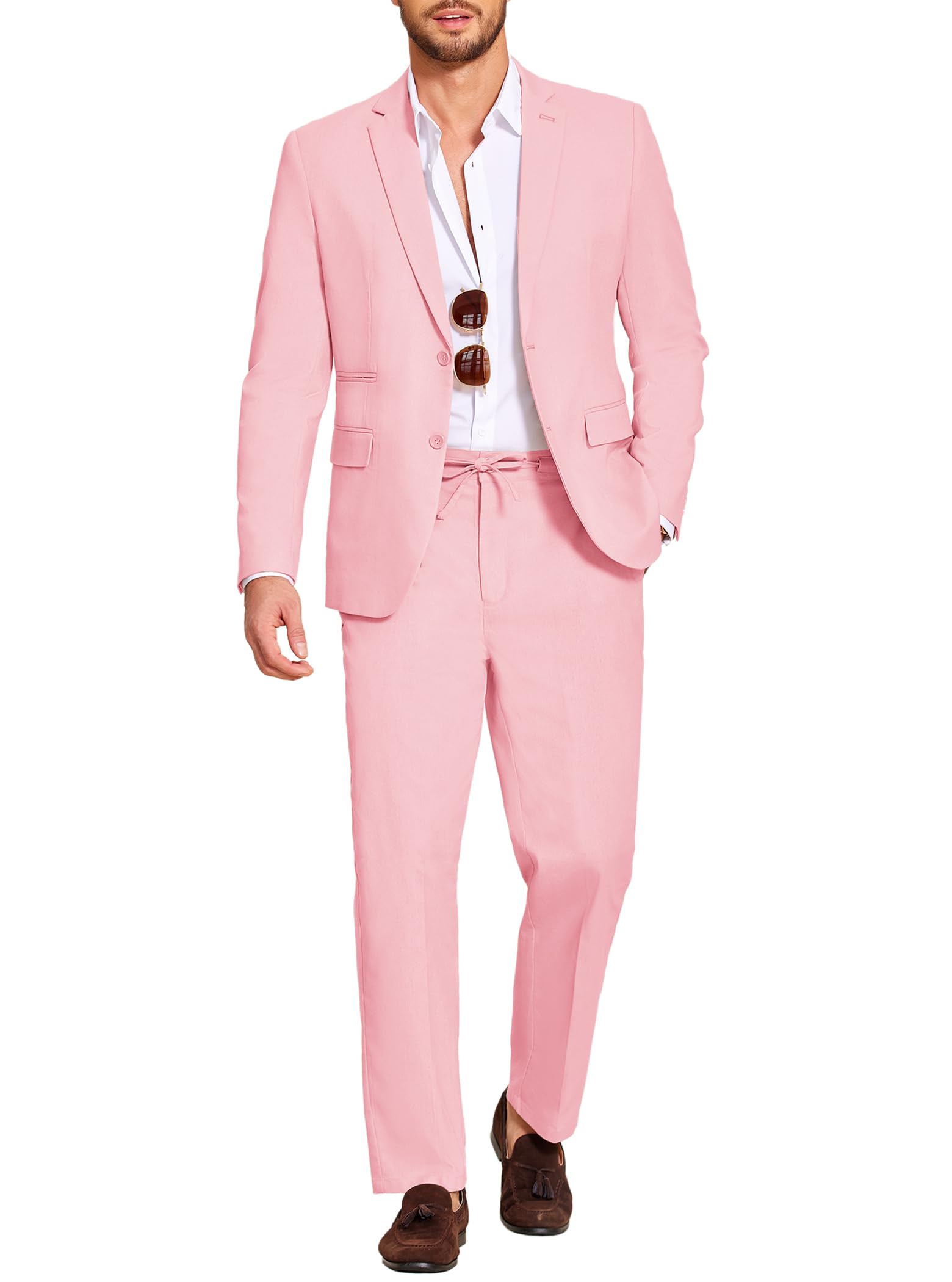 Photo 1 of COOFANDY Men's 2 Piece Linen Suit Set Lightweight Casual Fashion Summer Beach Wedding Blazer Jacket and Pants Pink
