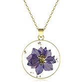 EcoJewere Larkspur Pressed Wildflower Necklace, Gold Pressed Flower Necklace, Handmade Pressed, Personalized Jewelry with Real Flowers, July Birth Flower, Purple Larkspur Represent First Love
