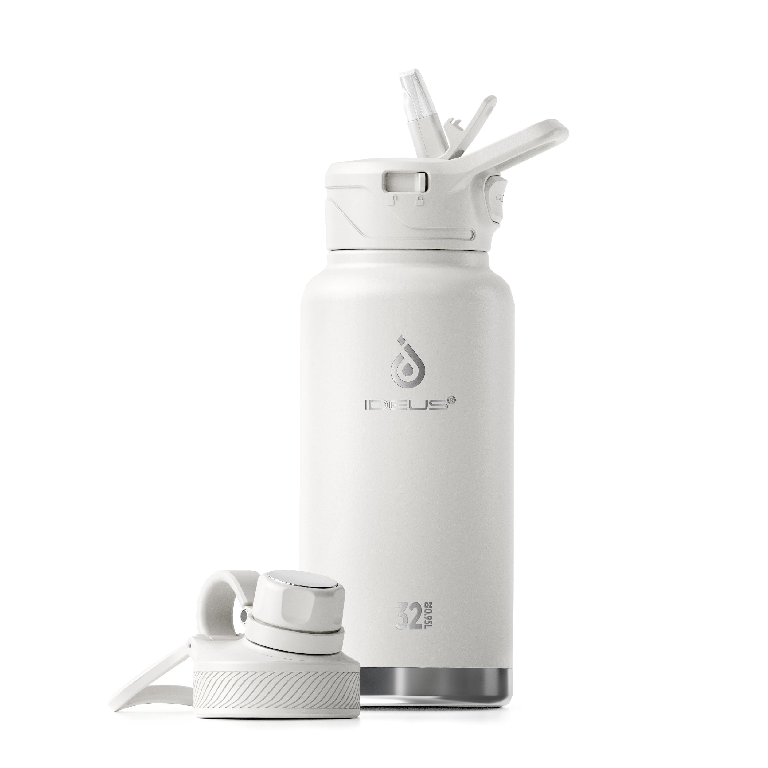 Photo 1 of IDEUS Insulated Stainless Steel Water Bottle with 2 Leak-Proof Lids, Thermal Water Flask for Hiking Biking, 32oz, White