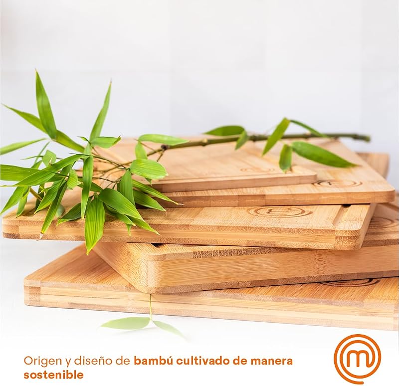 Tábuas de cortar MasterChef Kitchen, conjunto de 3 peças de tábua de bambu - 38x27,5 cm / 34x23,5 cm / 23x15 cm, ideais para cortar pão, fiambre, legumes e queijos, com slot para sumo