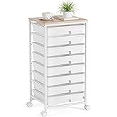 Storage Cart with 8 Drawers, Utility Cart with White Drawers and Wooden Tabletop, Craft Cart, Teacher Organization for Classroom,White