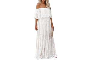 HOYISHION Women's Off The Shoulder Floral Lace Maxi Dress White Bridesmaid Wedding Party Maternity Photoshoot Long Dresses