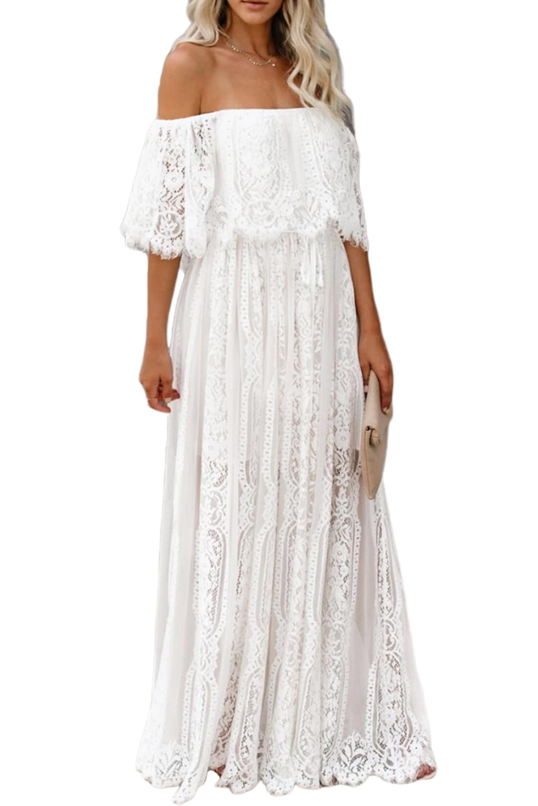 Photo 1 of ***(used)***HOYISHION Womens Boho Off The Shoulder Floral Lace Maxi Dress White Wedding Bridesmaid Party Dress Maternity Photoshoot Dresses size unknown 