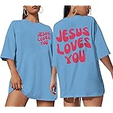 Kelxjia Christian Jesus Shirts for Women Oversized Jesus Loves You Tshirts Religious Faith Shirt Inspirational Graphic Tees