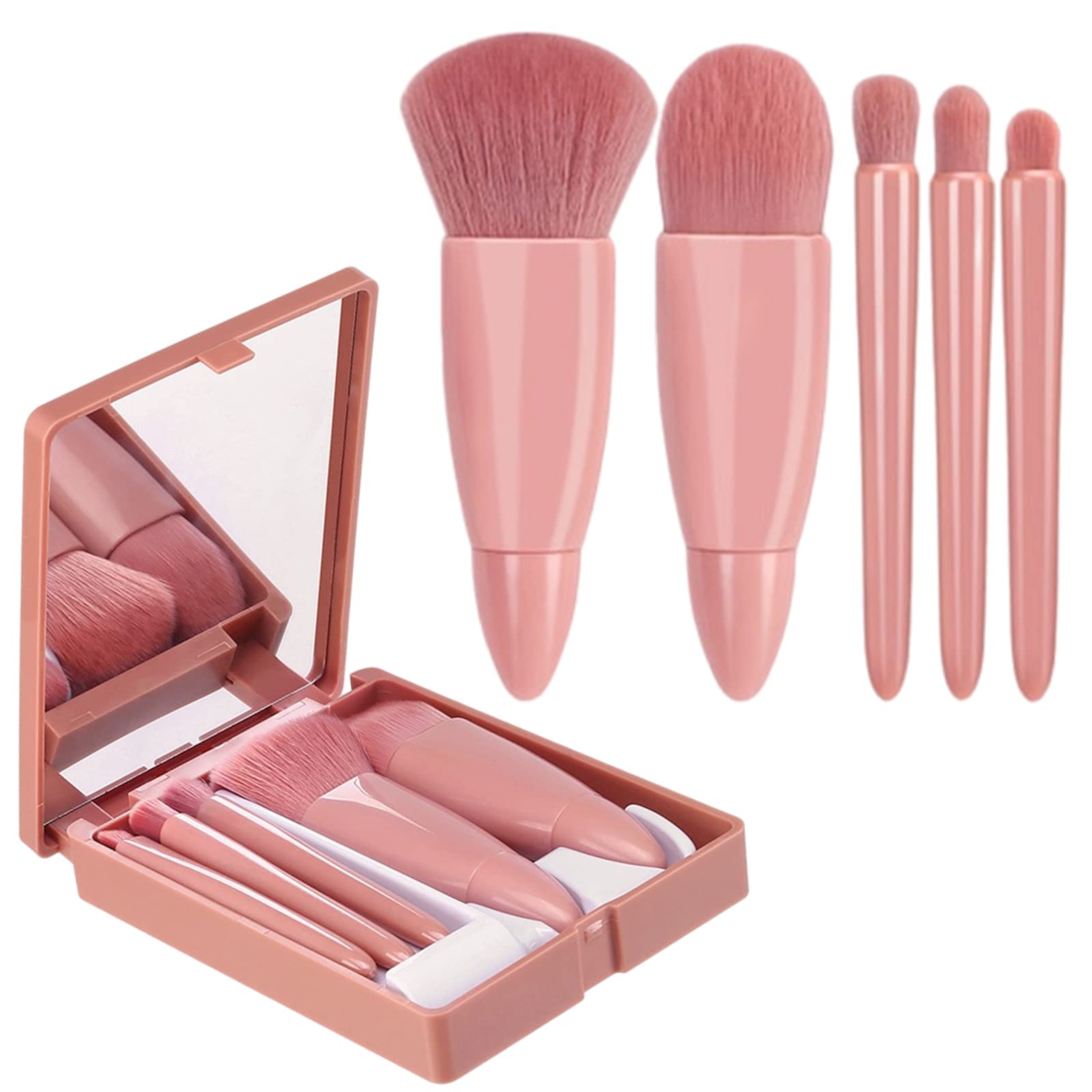 5pcs Portable Makeup Brushes,Premium Synthetic Brush with Mirror Box Professional Foundation Eye Shadow Blush Makeup Brush Travel Face Kabuki Makeup Brush Kits for Travel Daily Date Stage Touch-up