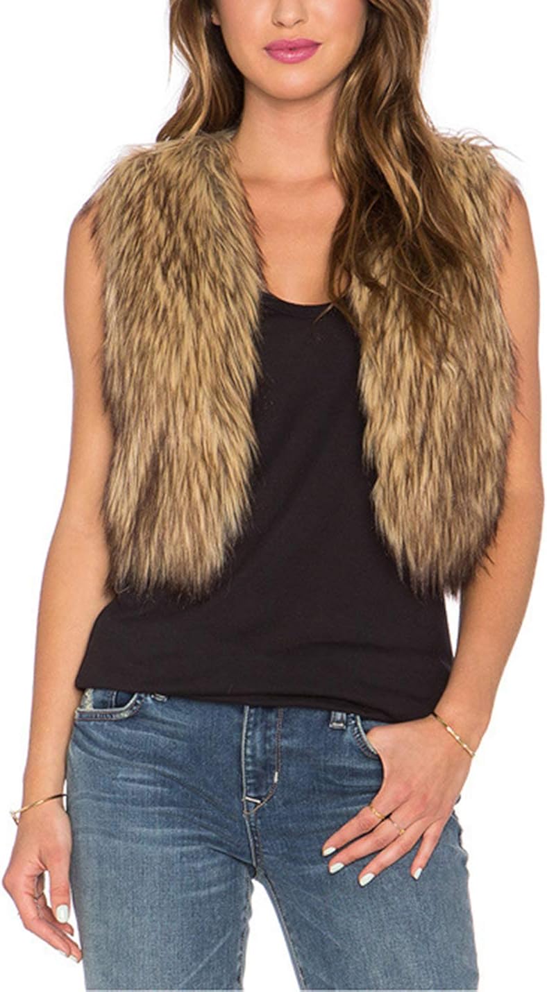 Tanming Womens Sleeveless Open Front Fluffy Short Faux Fur Vests