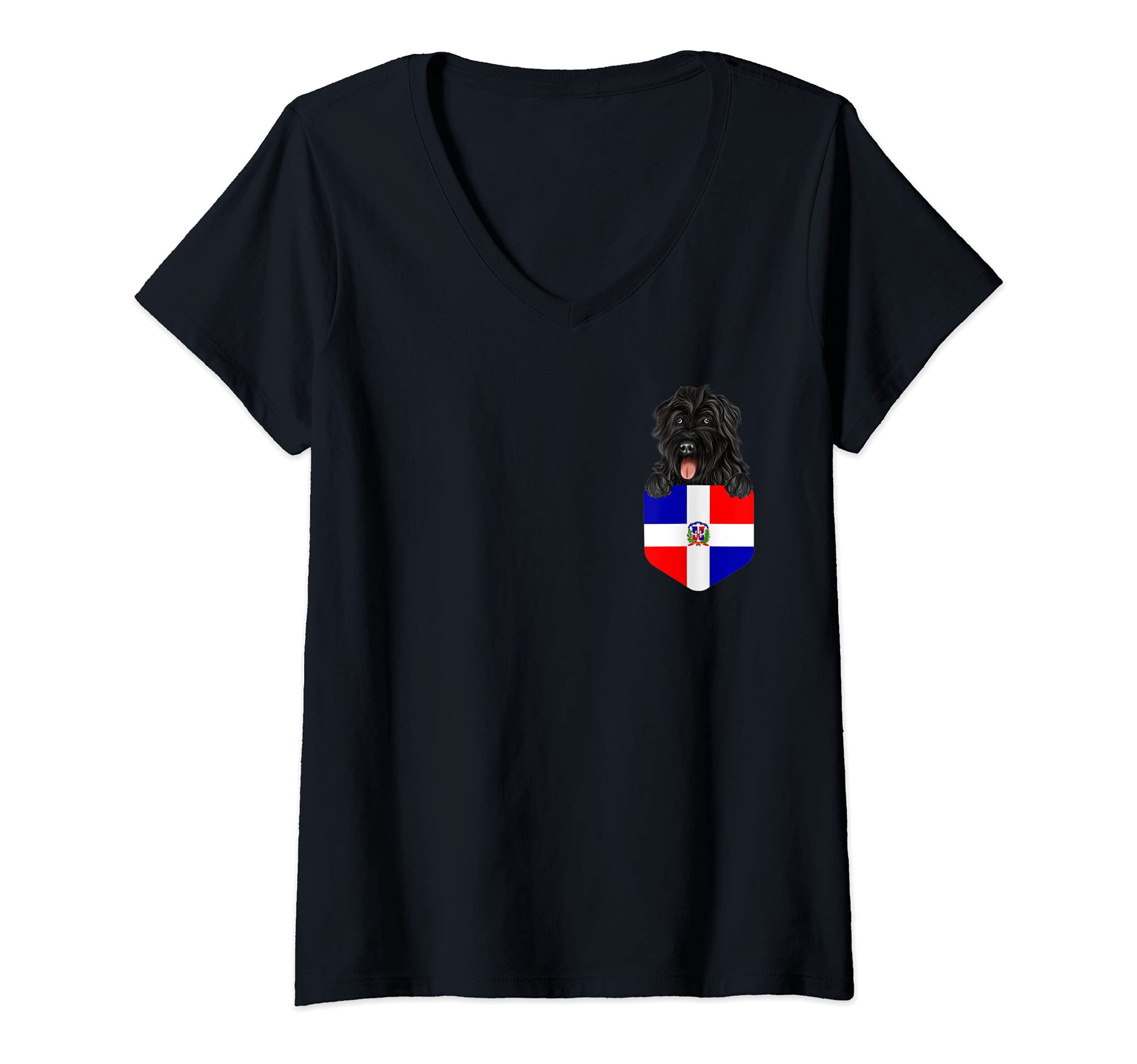 Womens Dominican Republic Flag Bouvier des Flandres Dog In Pocket V-Neck T-Shirt
