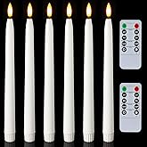 Homemory 11 inches Waxy Battery Operated Taper Candles with Remote Timer Dimmer, 6 Pcs Flameless Taper Candles with Flickering Flame, White Candlesticks Battery Powered for Ceremony Memorial Decor