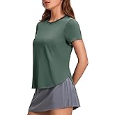 PINSPARK Womens Athletic Tops Loose Fit Tennis Tshirts UPF 50+ Running Shirt Side Slits Gym Shirts for Women Army Green XL
