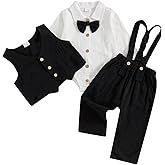 Santikisler Newborn Baby Boy Dress Clothes Long Sleeve Romper Shirt Bowtie Waistcoat Suspender Pants Set Suit Fall Outfits