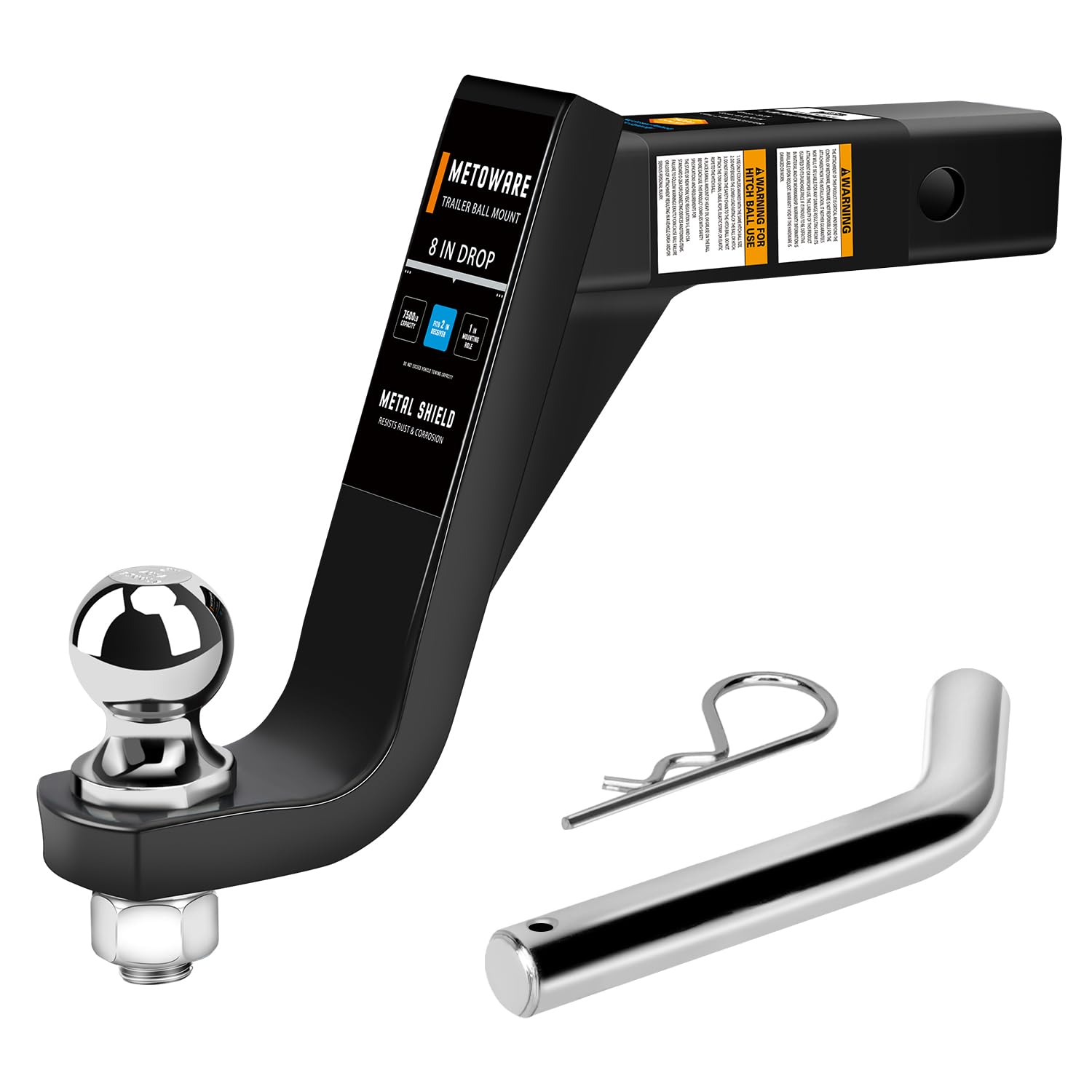 Photo 1 of METOWARE Trailer Hitch Ball Mount with 2-Inch Ball & 5/8" Hitch Pin Clip, Fits 2-Inch Receiver, 8-Inch Drop, 7500 lbs Capacity Ball Hitch, Black