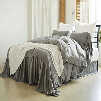 Decmay Queen Size Super Soft Grey Duvet Cover Set With Mermaid Long Ruffle Shabby Chic Bedding And Shabby Chic Pillow Case Luxury Bedding Collections