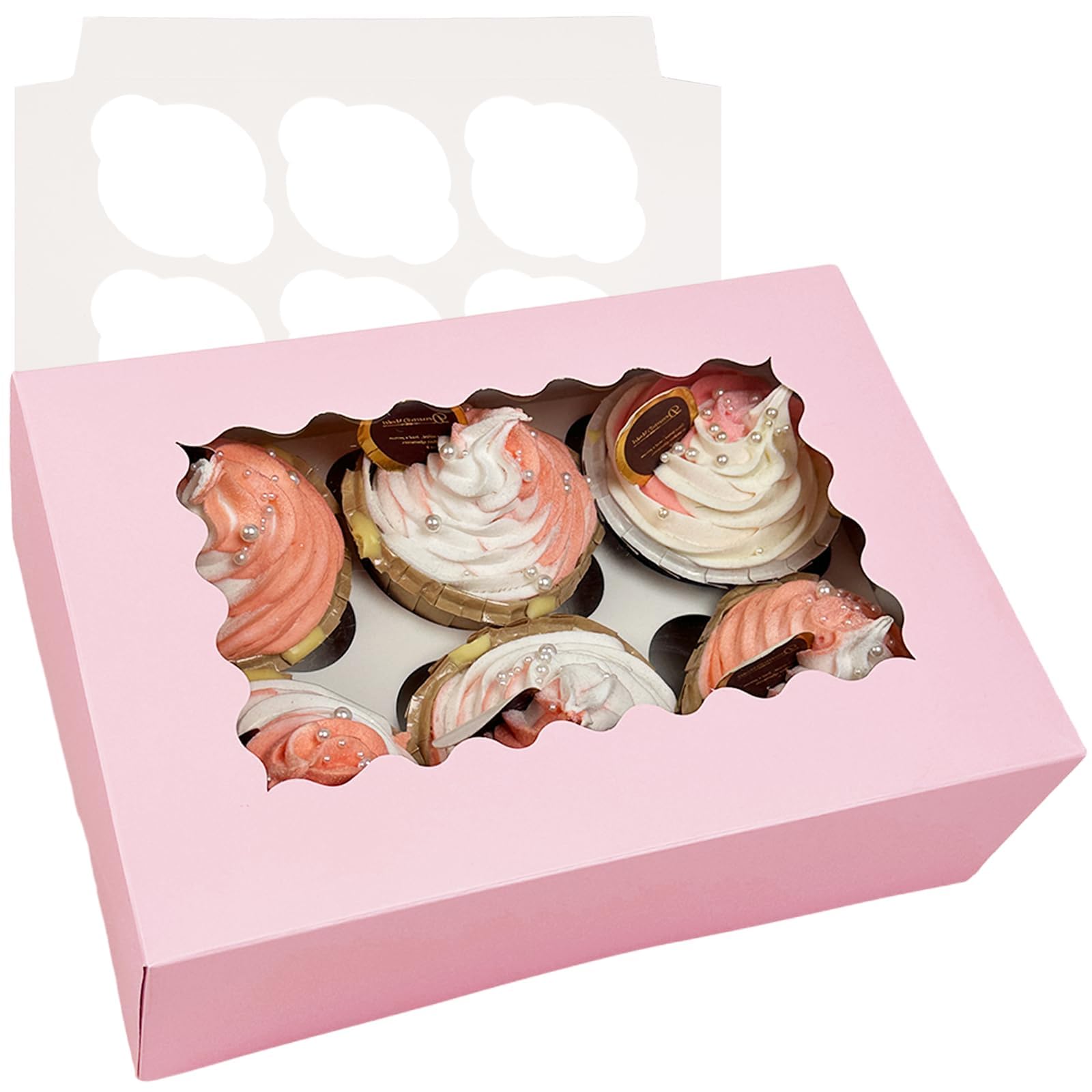 Gcardist Auto-pop Up 6 Cupcake Boxes with Window Pink 12 Packs Cupcake Box 23.87x15.49x7.62cm Bakery Boxes For Cupcakes Carrier, Cupcake Containers (9.4x6.1x3 inch)