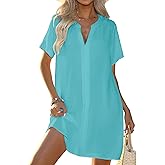 Halife Women's Swimsuit Cover Up Shirt V Neck Short Sleeve Bathing Suit Coverups Summer Beach Cover Ups