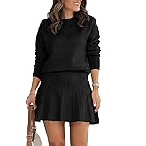 Tankaneo Womens Skirt 2 Piece Sweater Set Long Sleeve Crewneck Sweaters Pleated Mini Skirt Knit Lounge Sets