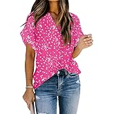 Allimy Women Summer Casual Split V Neckline Floral Chiffon Blouses Loose Tunic Short Sleeve Tops