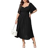 SHESTARR Women's Plus Size Midi Dress Sweetheart Neck Short Sleeve Wedding Guest Cocktail A Line Flowy Dress