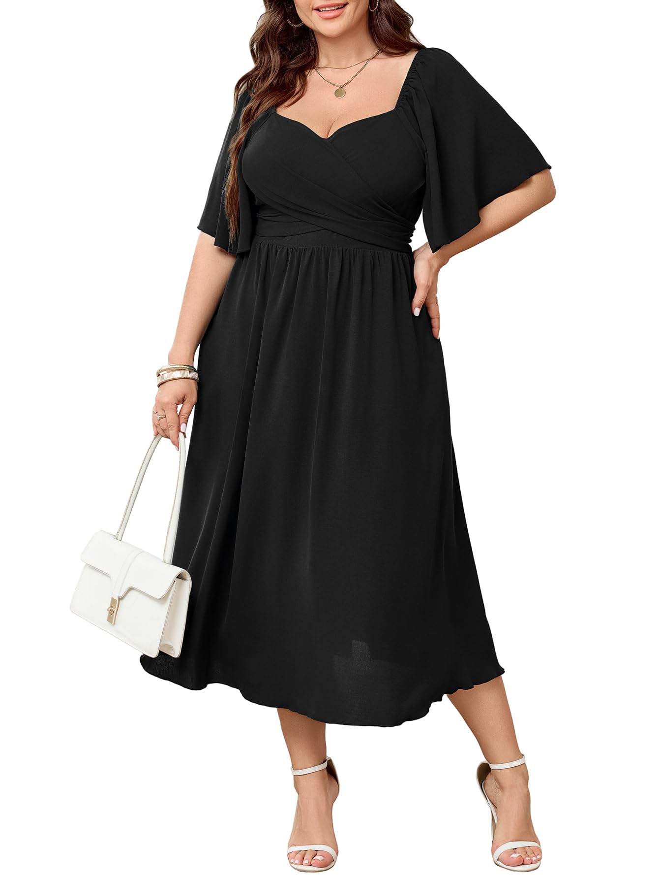 Photo 1 of SHESTARR Women's Plus Size Midi Dress Sweetheart Neck Short Sleeve Wedding Guest Cocktail A Line Flowy Dress Black