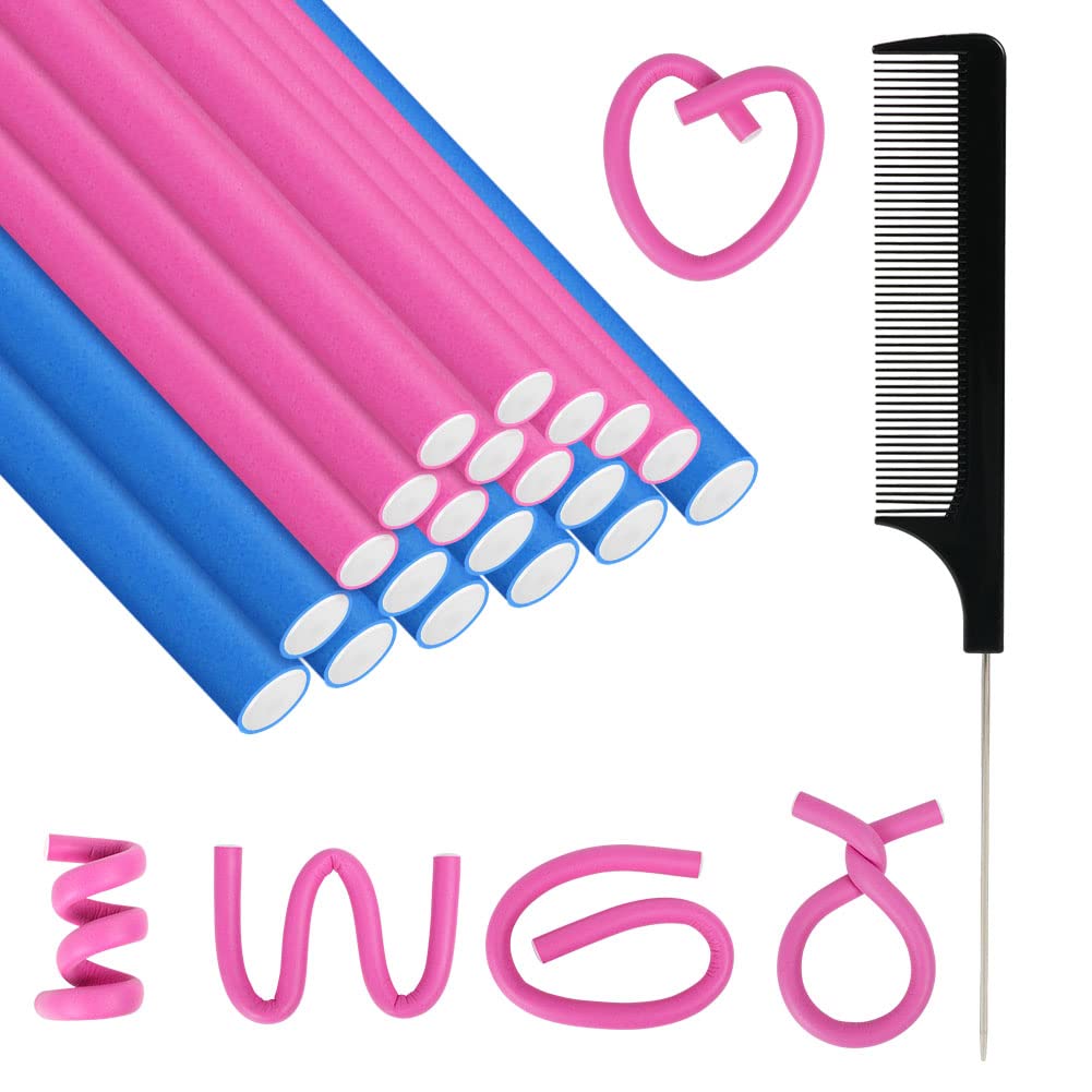 AOOWU 20 Pcs Flexible Hair Curler, Soft Foam Rollers Steel Pintail Comb, Flexi Rods Short Medium Long Hair, Heatless Sleeping Hairstyle DIY Home Salon(Pink＆Blue), 0.8cm+1.2cm, 1.0 count, Pack of 1