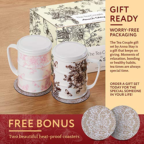 The Tea Couple Tea Infuser Mug (Set of 2) 14 oz.Vintage Porcelain Tea Cups with Ultra-Fine Mesh for Steeping - 2 ,Non-Slip Drink Coasters - Reusable Home & Office Drinkware (Vintage Butterfly) - Thumbnail 6