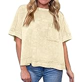 Cicy Bell Womens Summer Cropped T-Shirts Boxy Casual Short Sleeve Crew Neck Tops Acid Wash Cotton Loose Fit Tee Shirts Light Khaki
