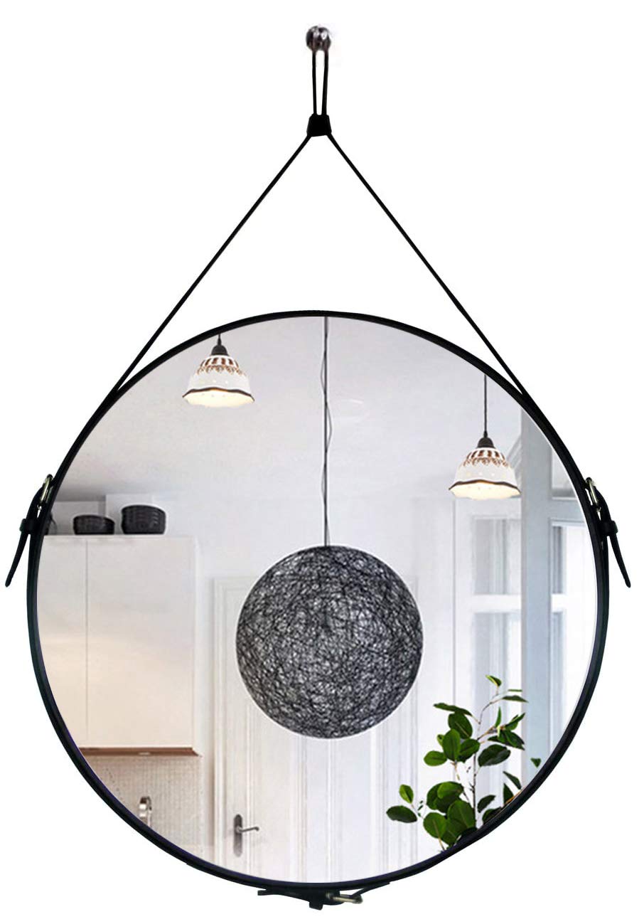 HofferRuffer Faux Leather Round Wall Mirror Decorative