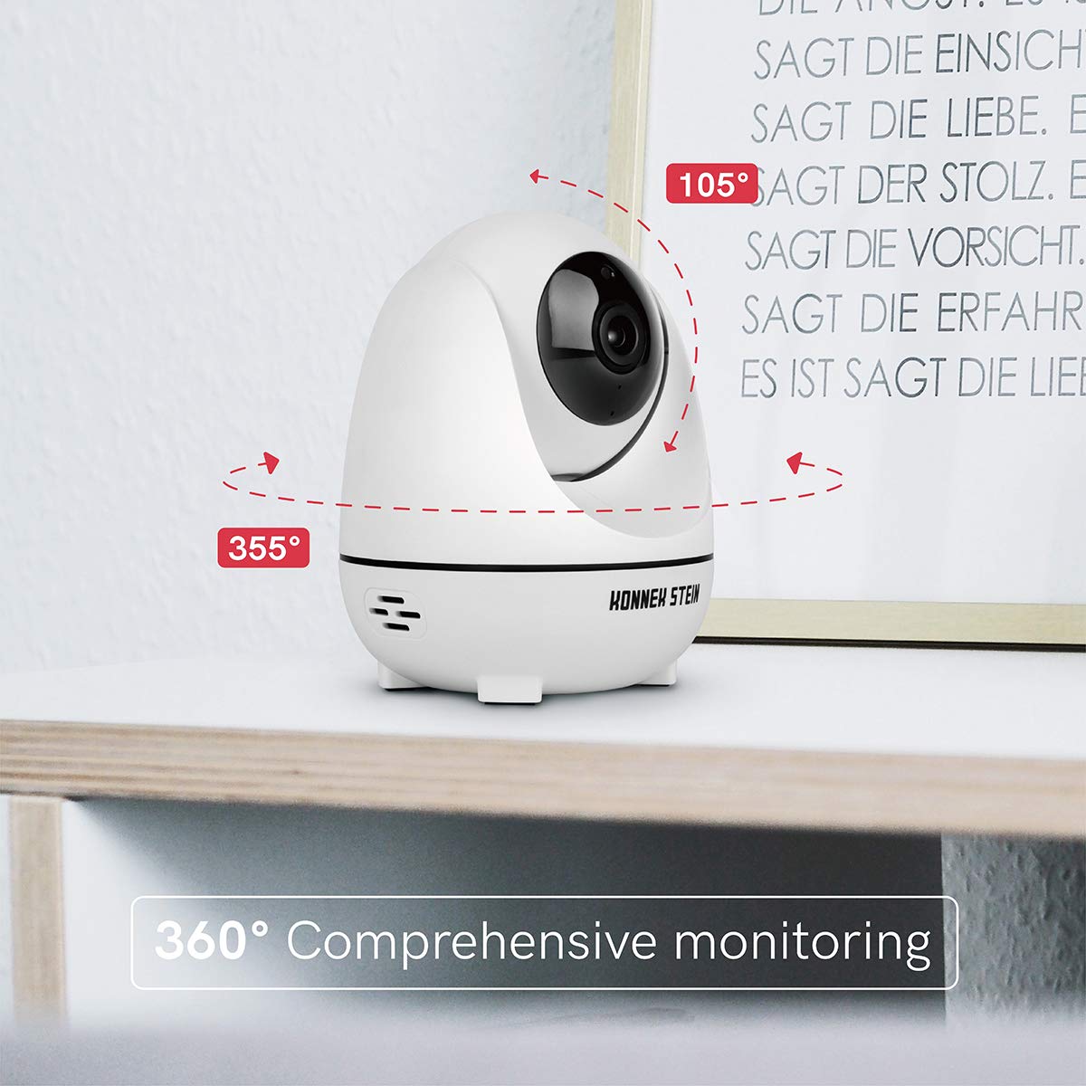 Konnek Stein Wireless Security Camera, WiFi Home Security Systems 360 Degree Monitoring, HD 1080P Motion Detection, Night Vision, Remote Control, Two-Way Audio, with TF Card Slot and Cloud (White)
