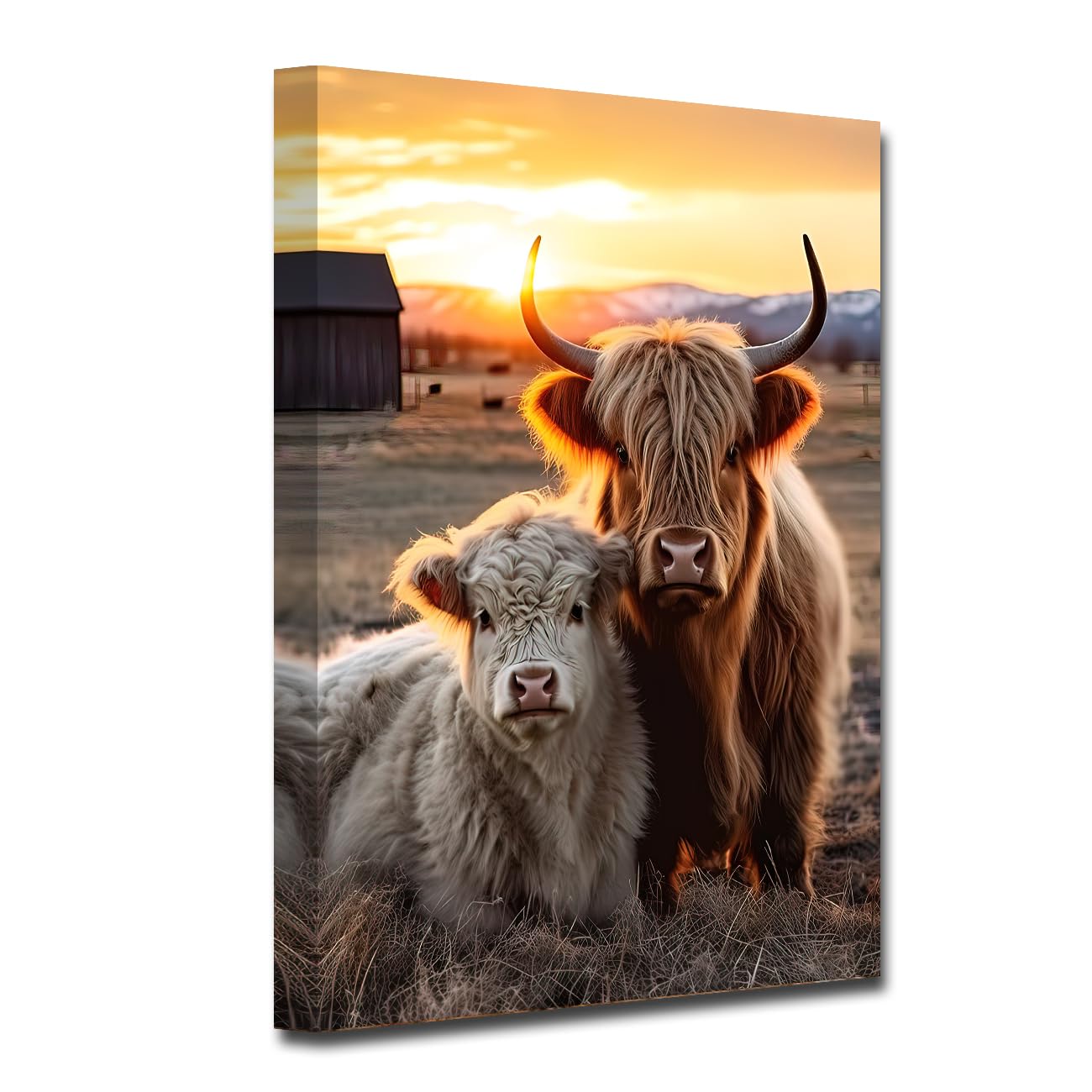 CXHOSTENT Highland Cow Canvas Wall Art Farmhouse Wall Decor Rustic Farm Animal Painting Cattle Picture Prints for Bathroom Kitchen Decor Framed (Cow-1, 30.00 x 45.00 cms)