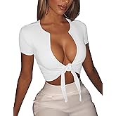 BORIFLORS Women's Sexy Tie Up Crop Top Short Sleeve Deep V Neck Casual Basic T Shirt