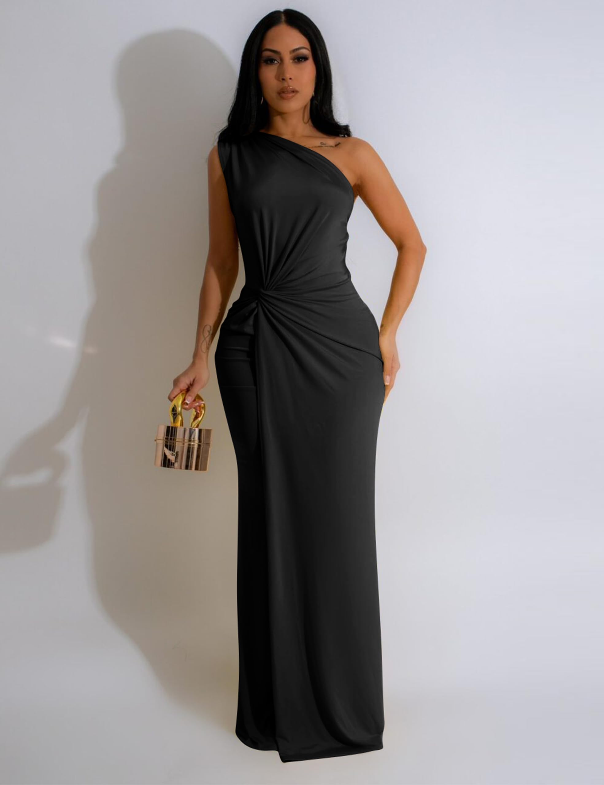 YMDUCH Women's Elegant One Shoulder Sleeveless Twist Waist Bodycon Party Long Dress