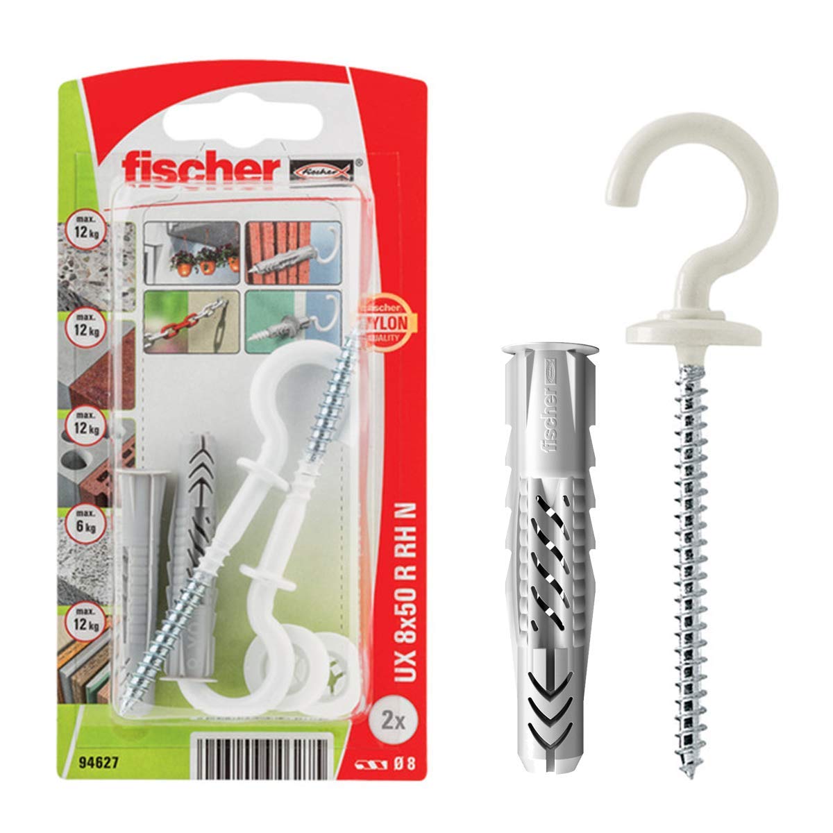 fischer Universal Plug UX 8x50 RH NK Plug and Hook, 94627, Gray