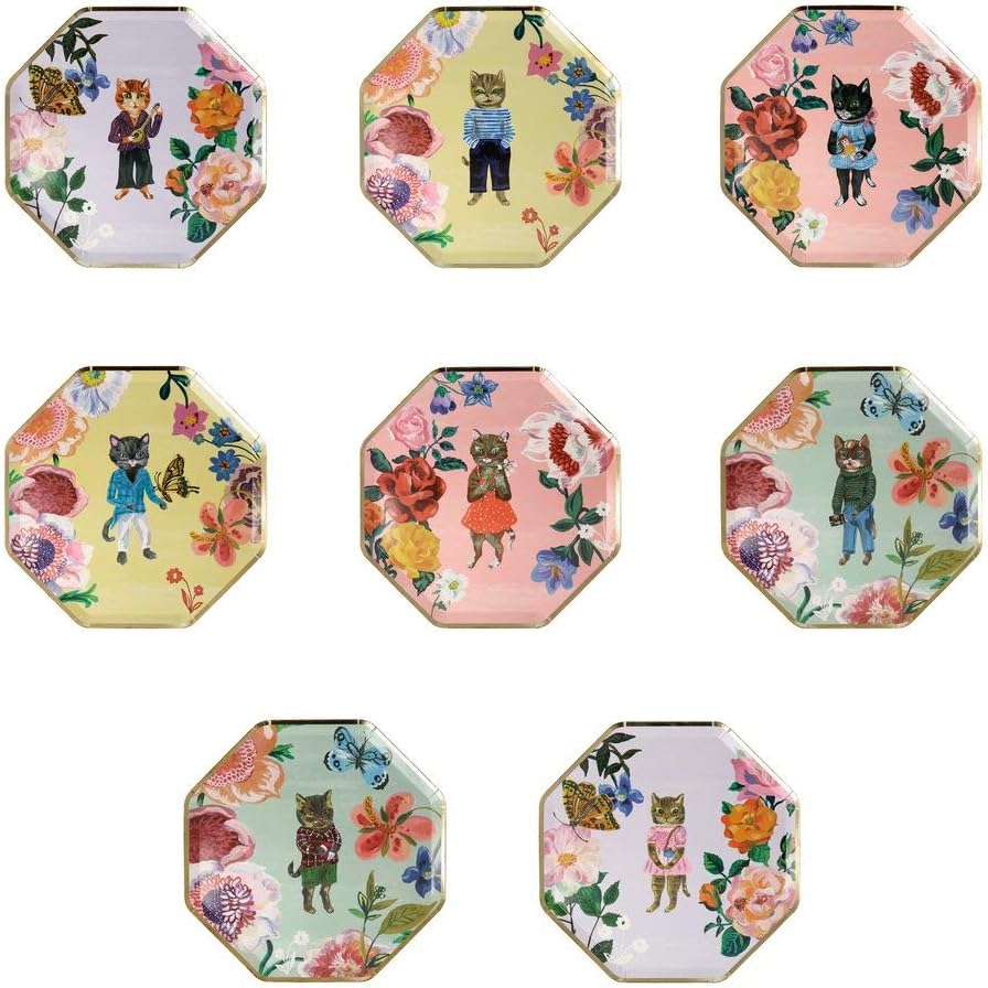 Amazon Com Meri Meri Nathalie Lete Flora Cat Side Plates With 8 Different Designs Kitchen Dining