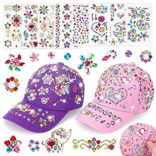 LITTLEFUN Decorate Your Own Baseball Cap with Glitter Gem Stickers for Kids Crafts Toys Gifts - Girls Birthday Presents