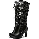 GUNIYIFS Women Lace Knee High Boots Buckle High Heel Knee Boots Lace Up Punk Platform Back Zipper Riding Goth Combat Bootie