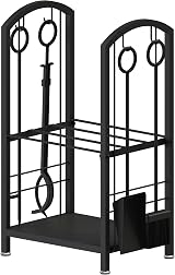 AMOS Firewood Log Rack Holder with 4 Piece Fireplace Tools Set Black Indoor view 7