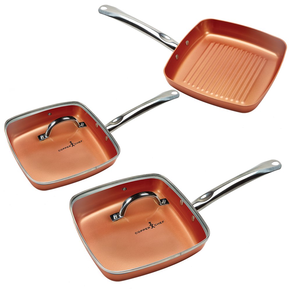 Copper Chef NonStick Square Fry Pan 5Piece Set, 8 Inch Griddle Pan, 9