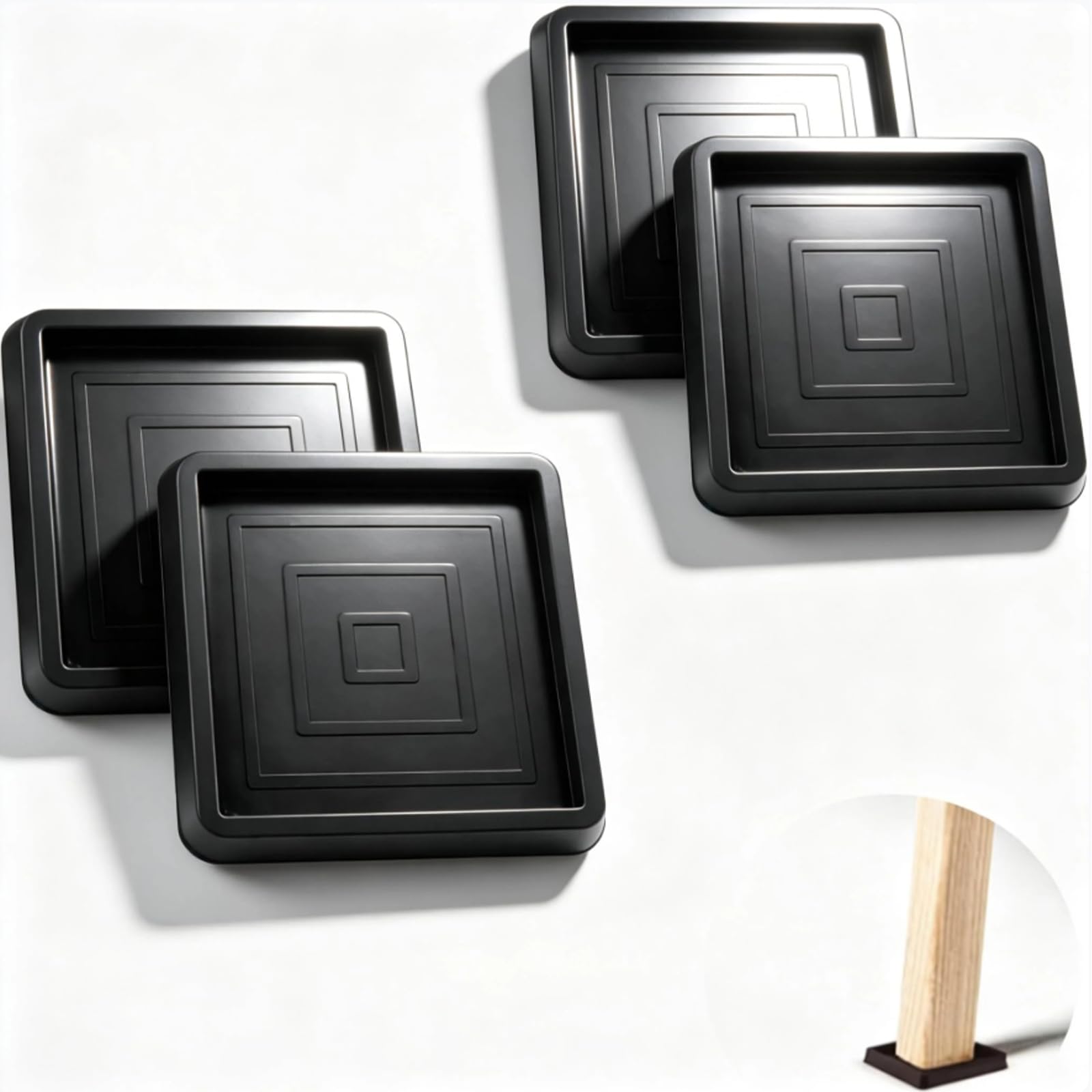 NIYATA 4 Pcs Furniture Coasters Cups,Piano Square Rubber Foot Pads,Rubber Square Feet Caster Cups,Anti Slip Furniture Pads for Hardwood Floors,Non Slip Chair Leg Floor Protectors,2.5 Inch,Black