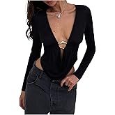 MakeMeChic Women's Y2k Deep V Neck Top Asymmetrical Cowl Neck Long Sleeve Going Out Tops T Shirt
