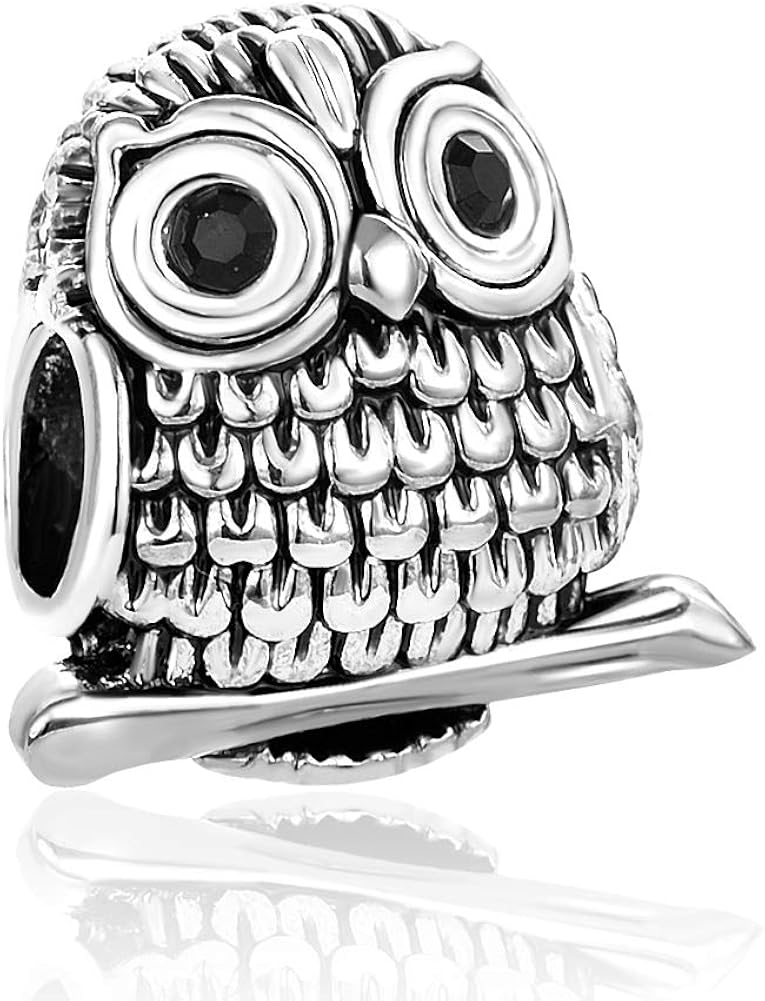 Black CZ Bird Owl Charm Compatible with Pandora Charms Bracelets Animal Beads Women Daughter Mothers Day Birthday Jewellery Gift Present