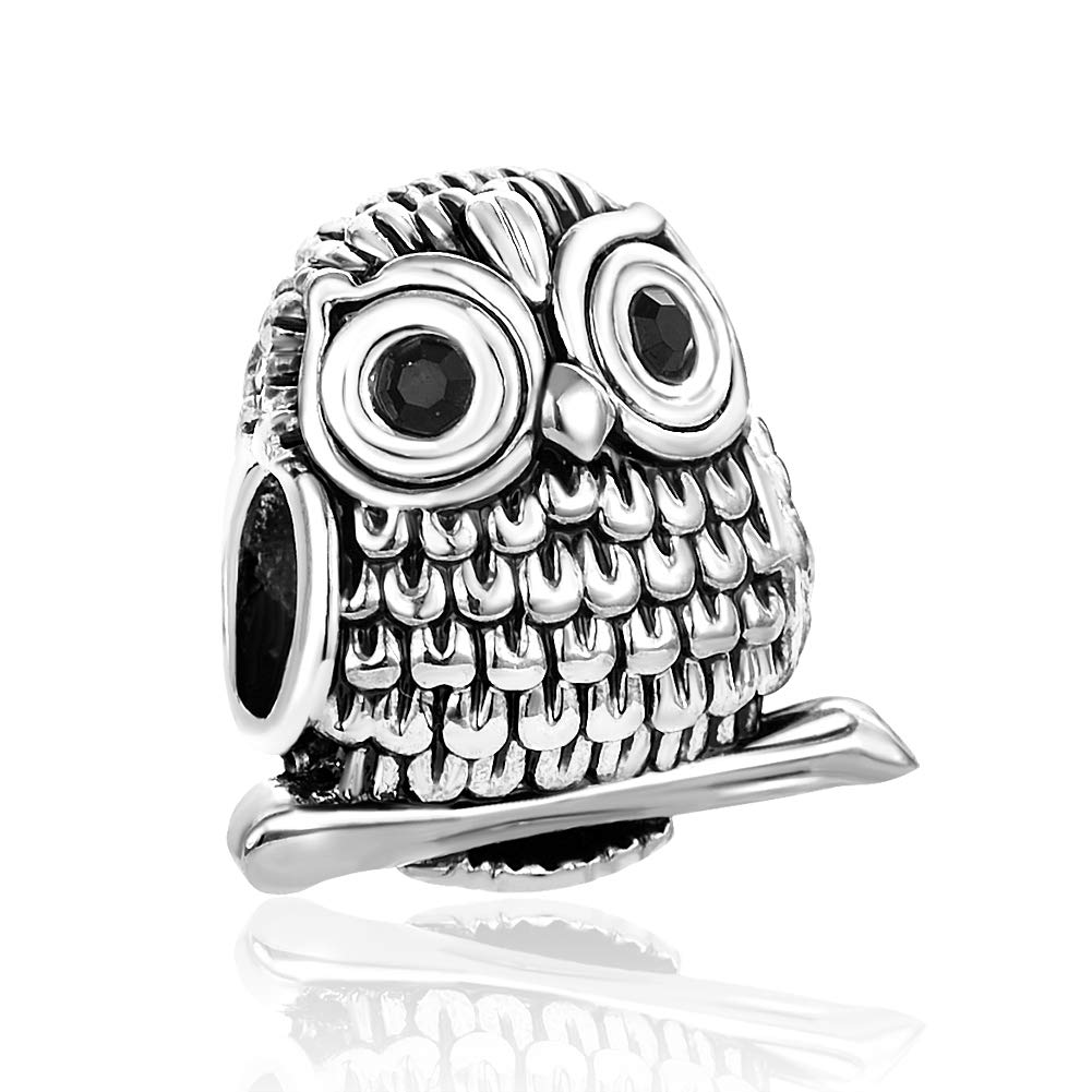 Black CZ Bird Owl Charm Compatible with Pandora Charms Bracelets Animal Beads Women Daughter Mothers Day Birthday Jewellery Gift Present