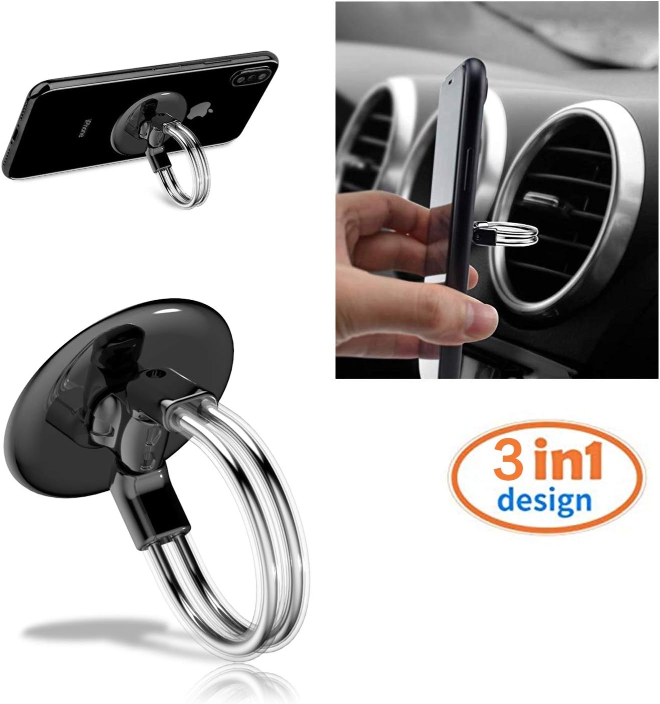 RUNGLI Cell Phone Ring Holder, 3 in 1 Universal Phone Ring Stand Car Holder, Finger Grip Phone Holder for iPhone, Samsung Phone and Smartphones(Black)
