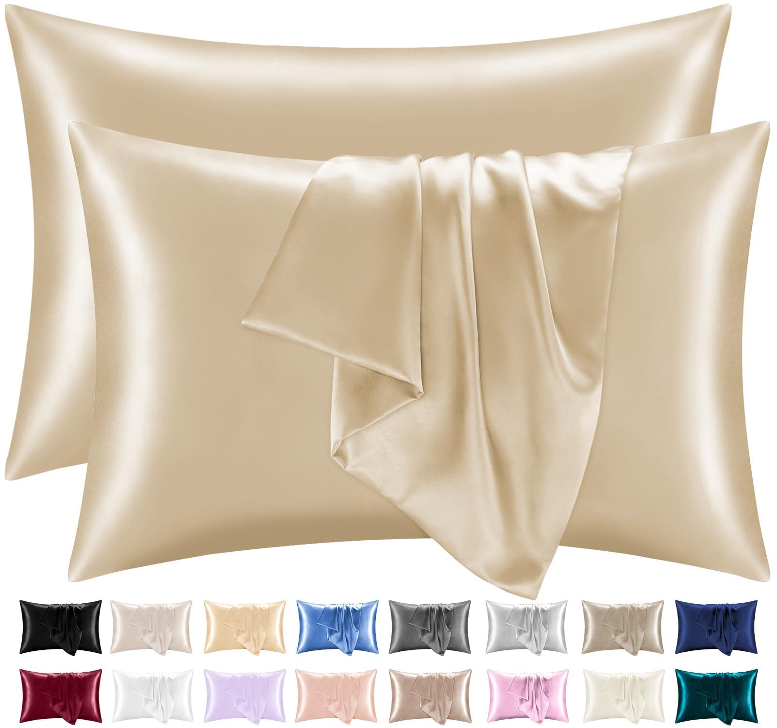 Lazzaro Satin Silk Pillowcases for Hair and Skin - Hypoallergenic Silk Pillow Cases 2 Pack with Envelope Closure - Ultrasoft Standard Size Champagne Silk Pillowcases (50 x 75 cm) — image 1