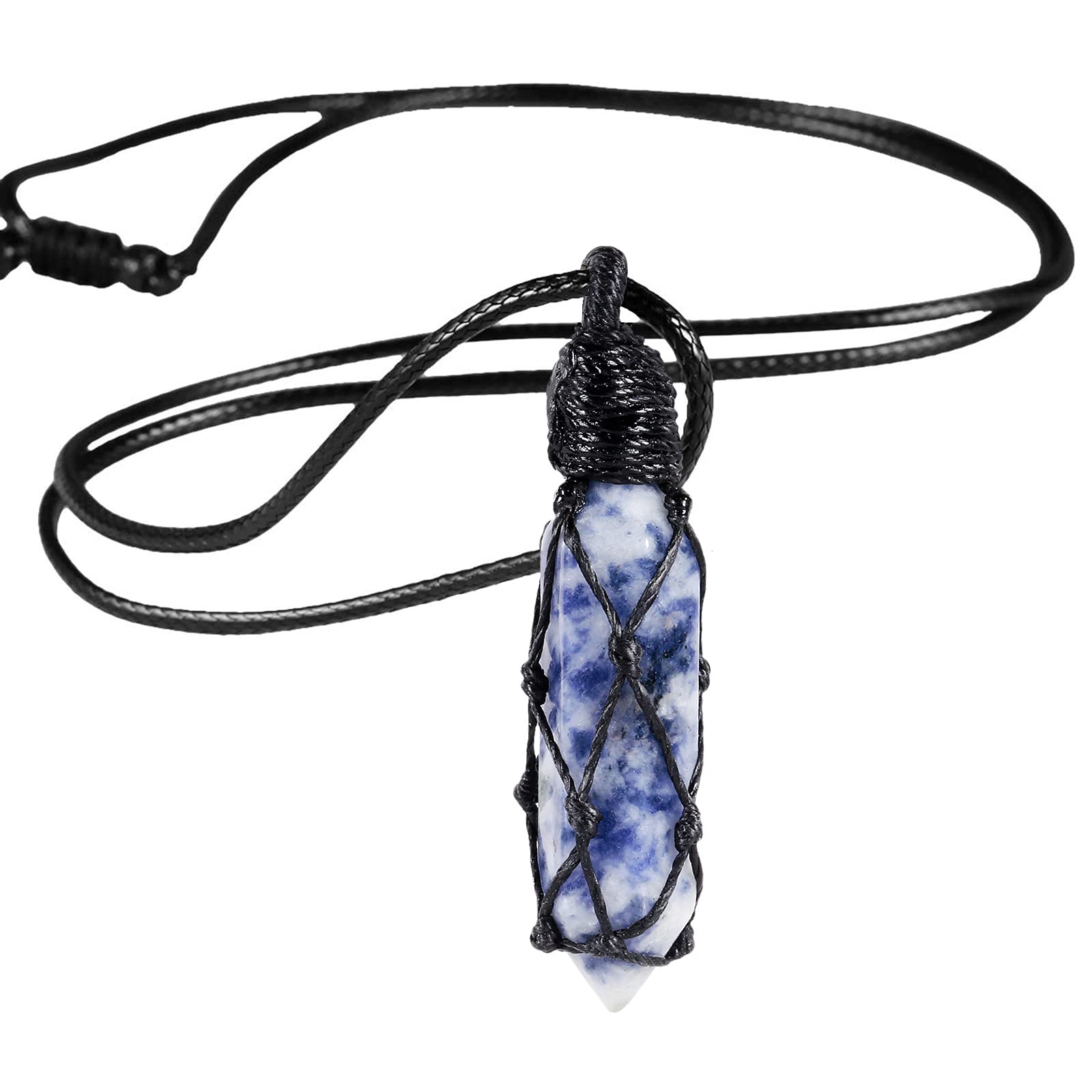 Nupuyai Blue Dot Stone Hexagonal Quartz Crystal Point Pendant Necklace for Women Men, Natural Wrapped Stone Pendulum Pendant with Adjustable Rope 65cm