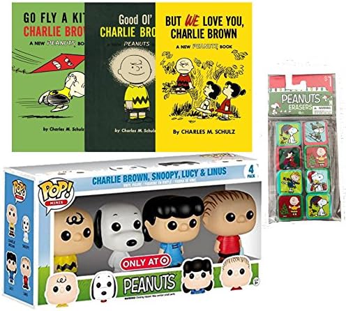 Funko Pop! Minis Peanuts Charlie Brown, Snoopy, Lucy & Linus with 3-Book Peanuts Collection and 8-Pack of Christmas Erasers Bundle
