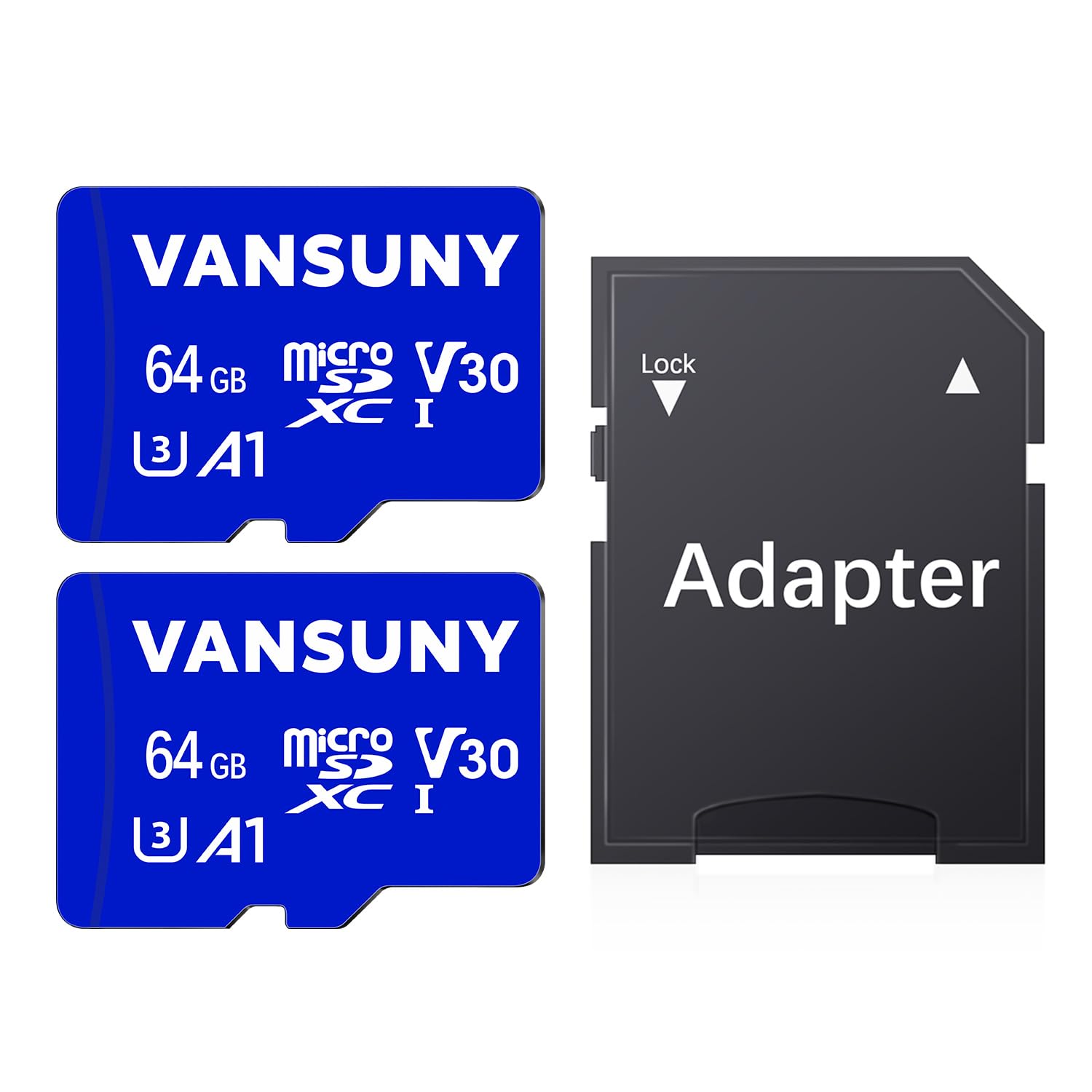 Vansuny 64GB Micro SD Card, 2 Pack MicroSDXC Memory Card with A1 Class10 U3 V30 Full HD Video Recording TF Card (2 Micro SD Cards + 1 SD Adapter)